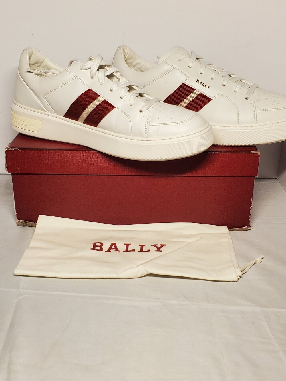 Authentic Bally White Leather Low-Top Sneakers with Red Stripe